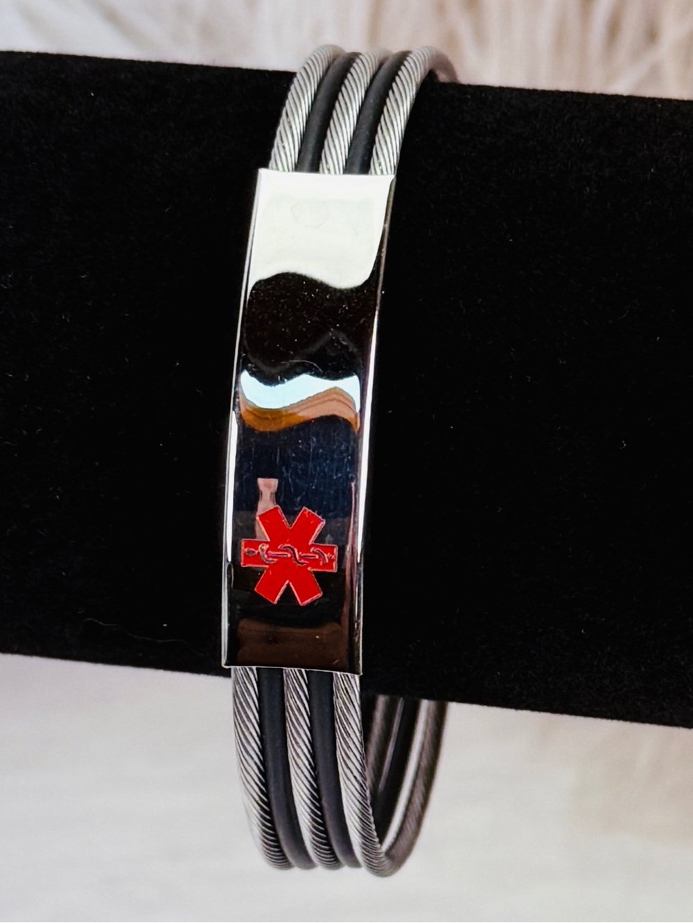 Stainless Steel Silvertone Black Unisex Medical Alert ID Bracelet